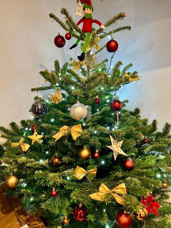 a christmas tree with christmas decorations on it at Orchard Lodge -Coastal Retreat, new build, village views, private garden and terrace in Saint Brides Major