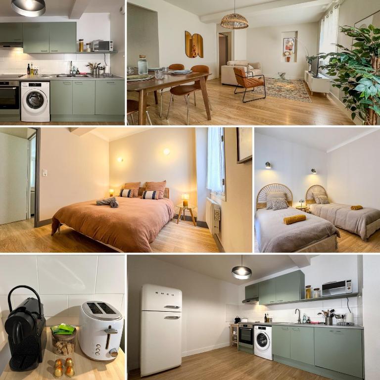 un collage de photos d'une chambre et d'un salon dans l'établissement L Anatole Hyper centre Calme sur cour, à Pézenas