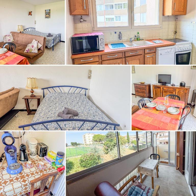 un collage de photos d'une cuisine et d'un salon dans l'établissement La Caze - Idéal couple de curistes - 40 m2, à Balaruc-les-Bains