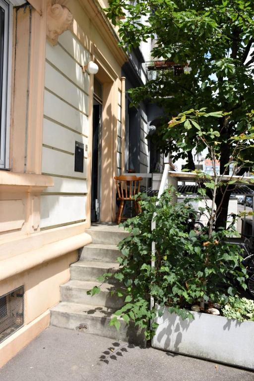 a porch of a house with a tree and stairs at Urbanes Lebensgefühl in Basel in Basel