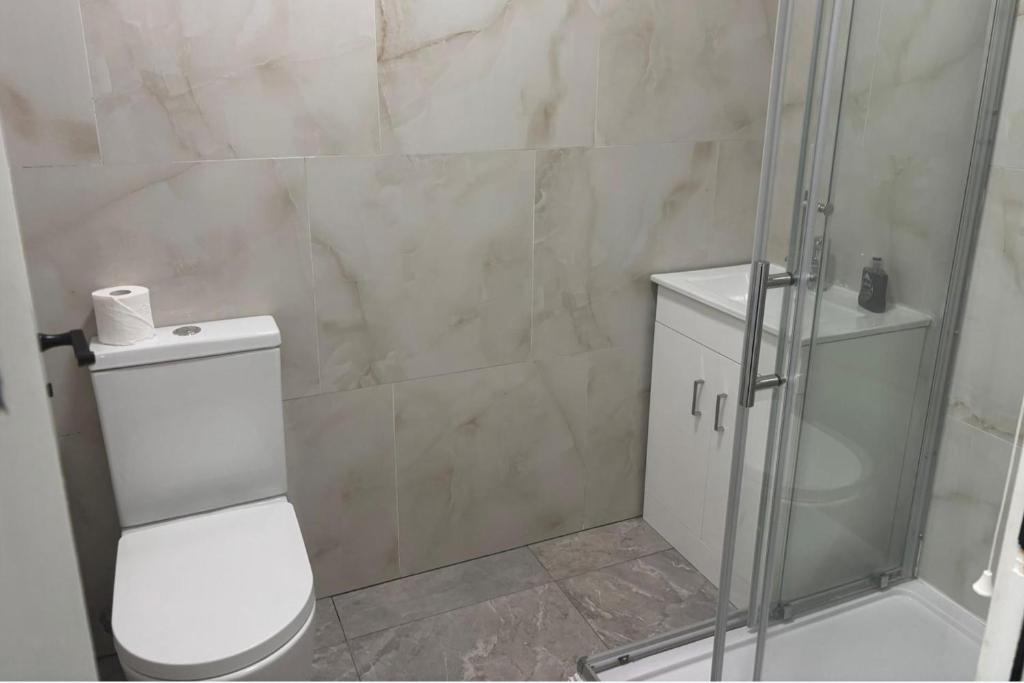 a bathroom with a toilet and a glass shower at 1 Bed Flat - Sleeps 2 - Parking - Wifi in Luton