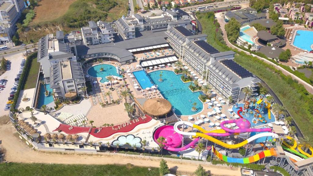 an aerial view of a water park with slides at Dream World Palace in Side