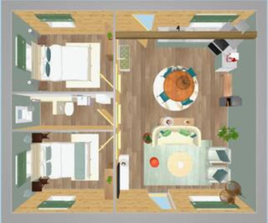 Načrt razporeditve prostorov v nastanitvi Chalet Oz