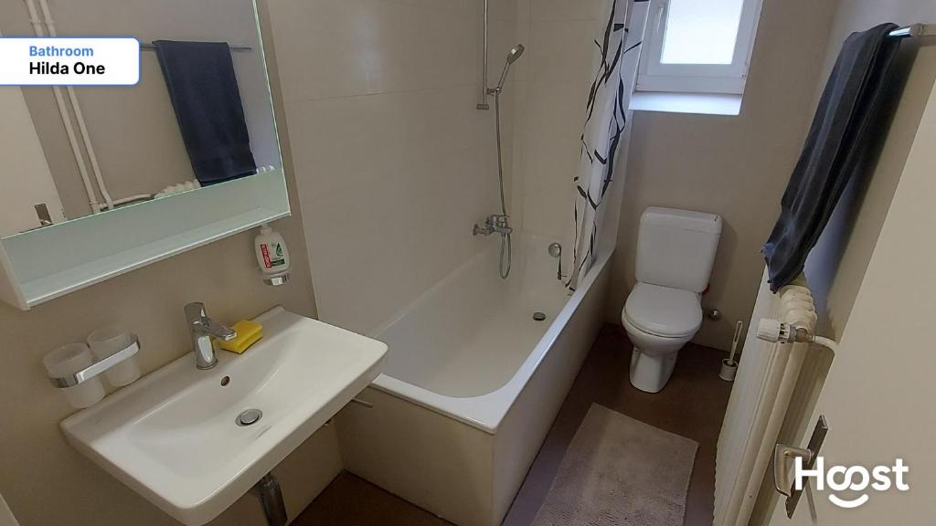 a bathroom with a sink and a shower and a toilet at Hilda: Tranquillo appartamento in centro in Zürich