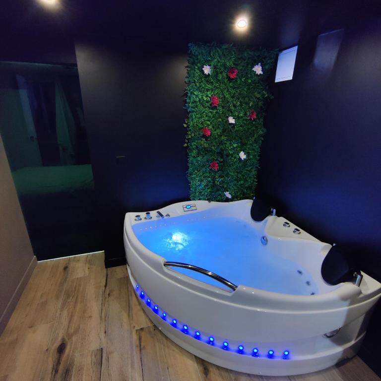 une baignoire jacuzzi dans une chambre avec un mur fleuri dans l'établissement Appartement avec jacuzzi, à Villiers-sur-Orge