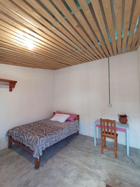 a bedroom with a bed and a table and a chair at Casa de los gatos in San Cristóbal de Las Casas