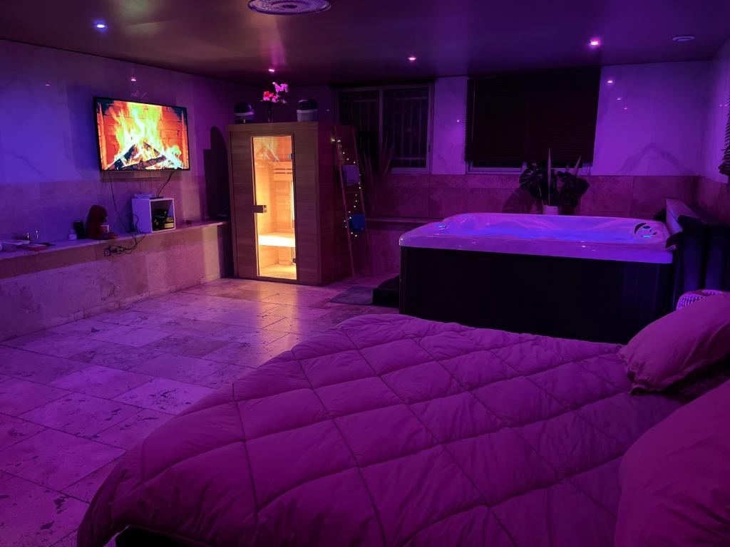 Camera viola con letto e TV di Jacuzzi lounge spa 84 ad Avignone