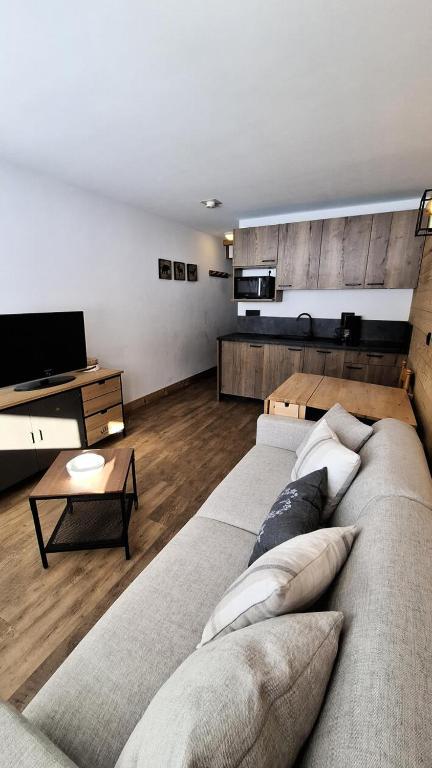 un salon avec un canapé et une télévision dans l'établissement Résidence Le France - Joli studio moderne MAE-9001, à Aime La Plagne
