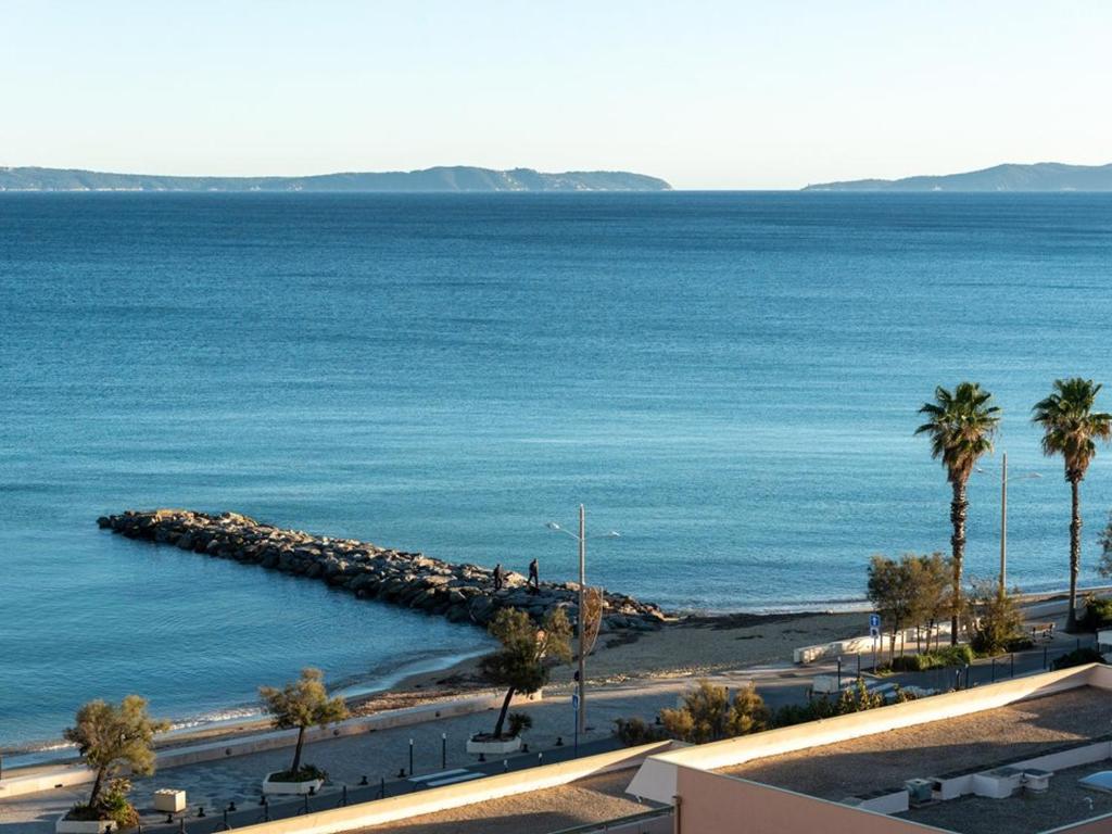 - une vue sur une étendue d'eau bordée de palmiers dans l'établissement Studio cabine au Lavandou, 4 couchages, terrasse, plage à 20m, climatisation - FR-1-803-70, au Lavandou