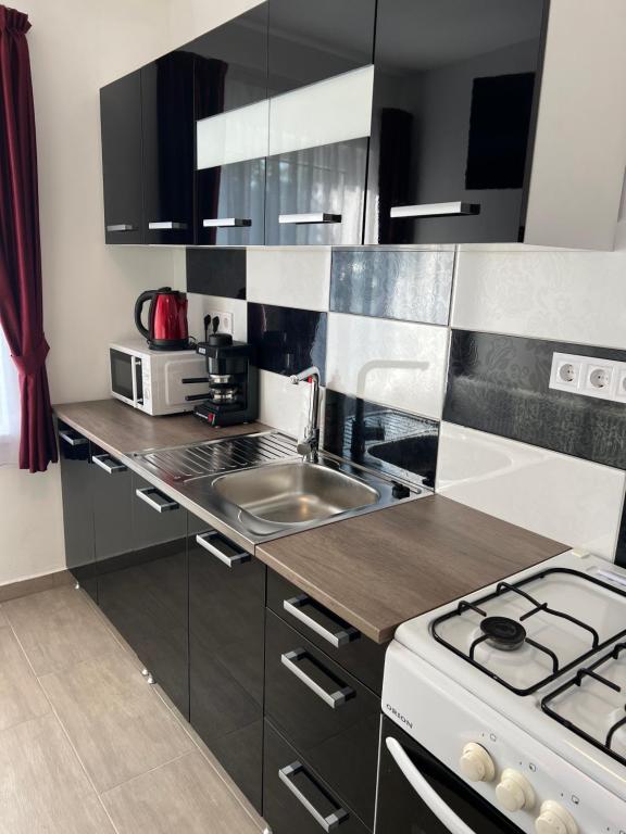Kuchyň nebo kuchyňský kout v ubytování Helga Apartman