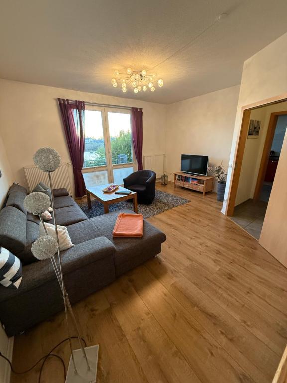 グライフスヴァルトにあるFerienwohnung Holzteichstraße 18のソファとテレビのあるリビングルーム