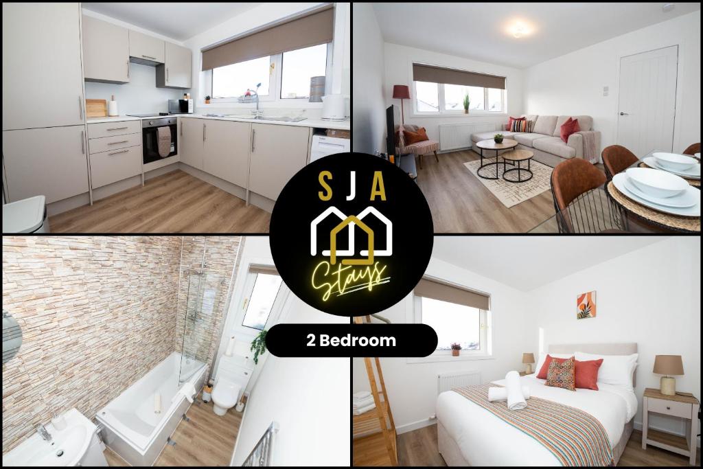 two pictures of a kitchen and a living room at Cruden Bay Stay - SJA Stays - Modern 2 Bed Apartment in Cruden Bay