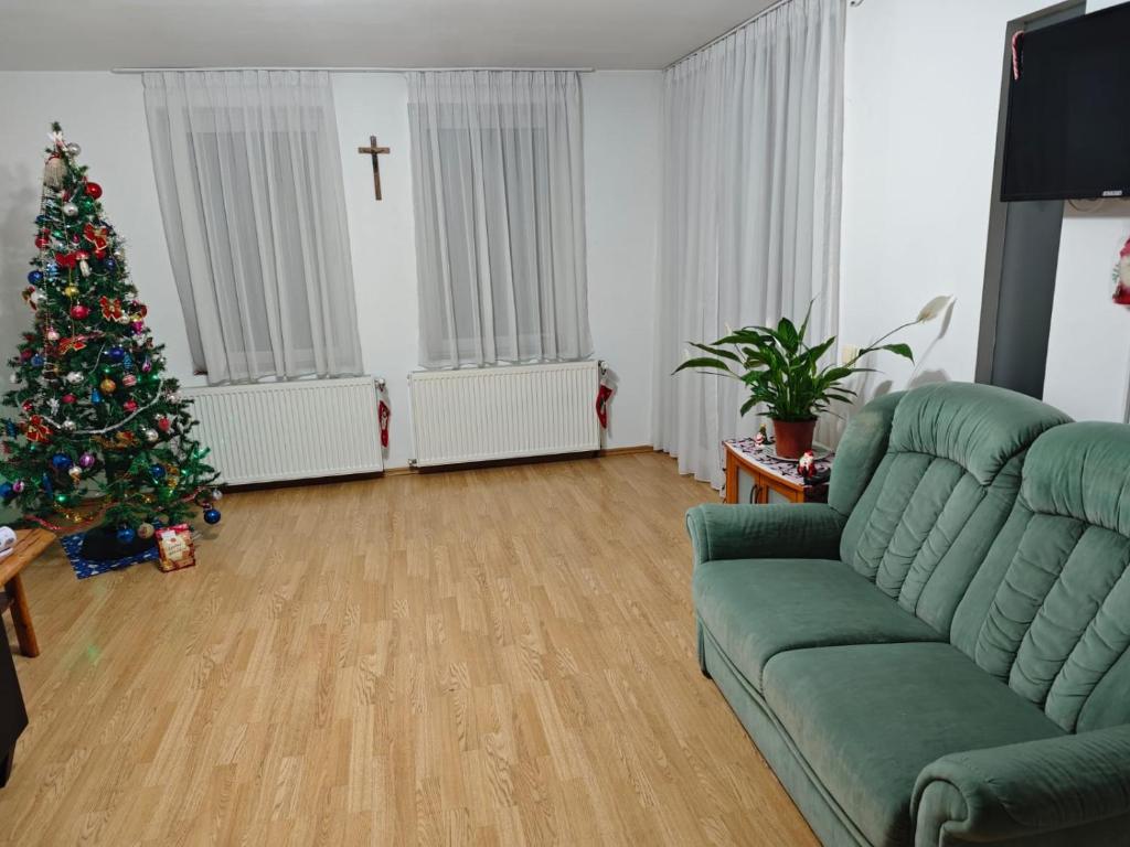 a living room with a christmas tree and a green couch at Casa DaLi in Sibiu