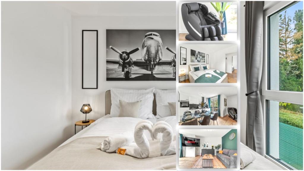 un collage de fotos de un dormitorio con cama y ventana en NobleNest Deluxe - Massage - Kaffee - Arbeitsplatz, en Viena
