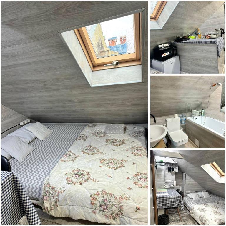 una camera da letto con un letto, un bagno e un lavandino di Гостиницы a Chişinău