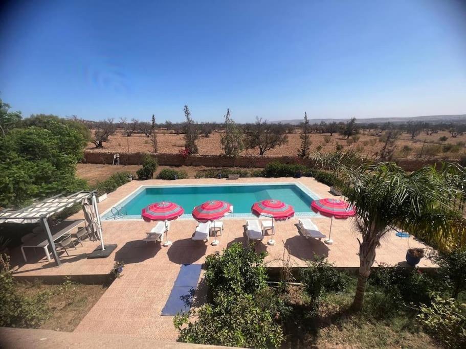 a swimming pool with umbrellas and chairs and a swimming poolintendent at Riad Elbadii, Charming Riad in Essaouira