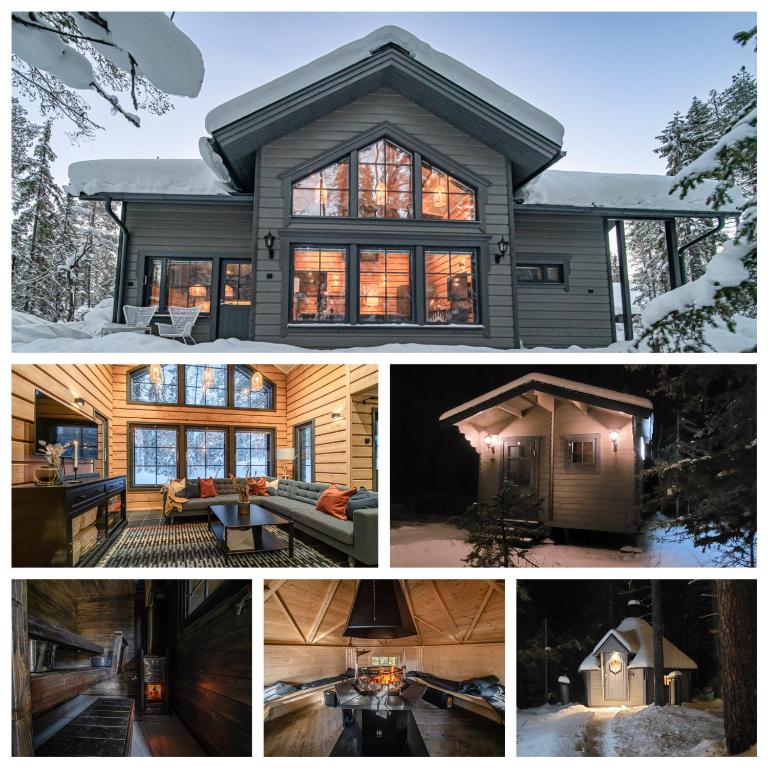 a collage of photos of a house at Milis Chalet in Ylläsjärvi