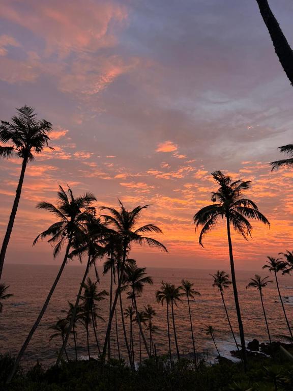a group of palm trees in front of a sunset at Costels Mirissa in Mirissa