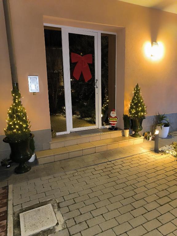 a room with two christmas trees in front of a window at CARLA' S HOUSE in Anzola dell'Emilia
