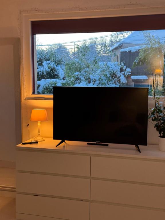 - une télévision à écran plat assise sur une commode avec une fenêtre dans l'établissement Coin de bien-être à Ronchamp, à Ronchamp