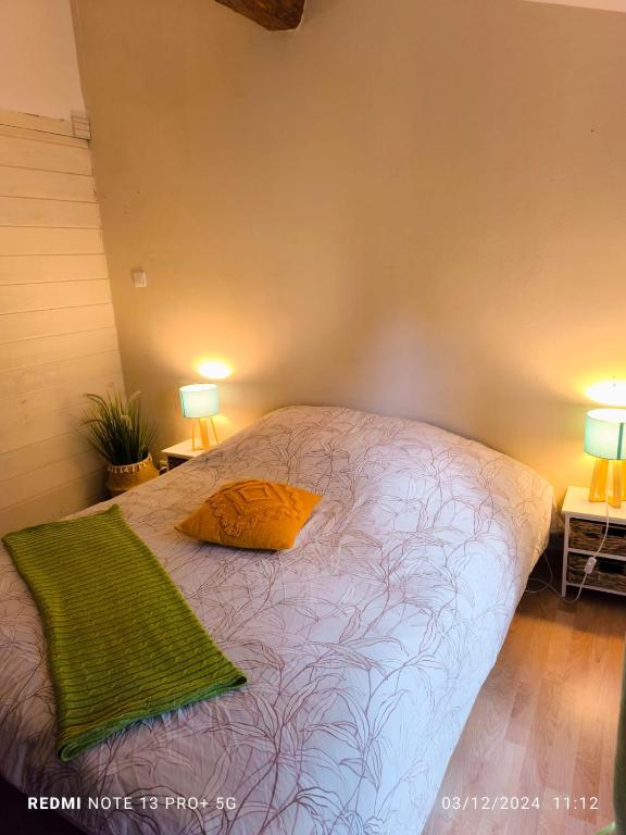 - une chambre avec un lit avec un oreiller et deux lampes dans l'établissement Maison de village cosy Céret, à Reynès