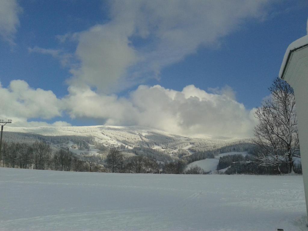 un campo cubierto de nieve con una montaña en el fondo en Apartment Gebrt en Rokytnice nad Jizerou