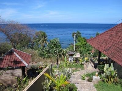 a view of a house with the ocean in the background at Warung Ary & Home Stay in Amed