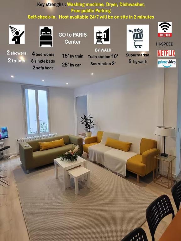 un salon avec deux canapés et une table dans l'établissement Maison COSY 15 mn PARIS - Linges Hotel Confort, à Vitry-sur-Seine