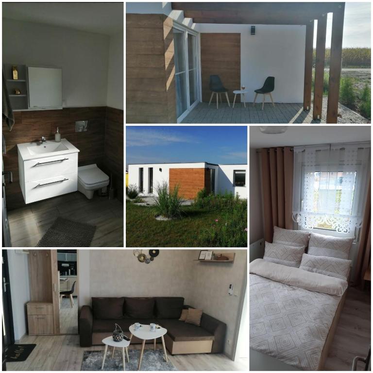 a collage of four pictures of a living room at Domek POD LASEM in Opole