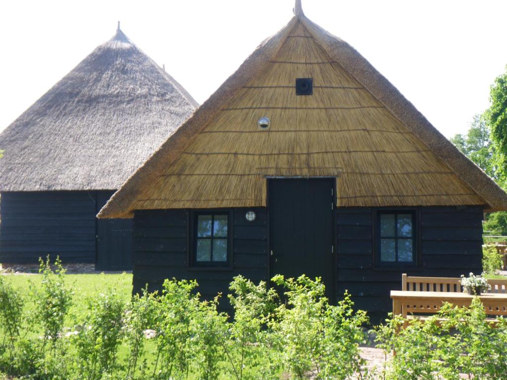 a house with a thatched roof and a bench at Gastenverblijf Lheederhof Lodge 3 in Dwingeloo