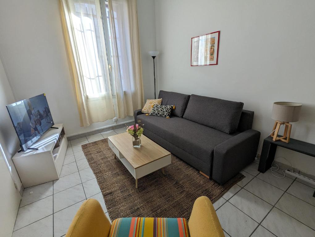 un salon avec un canapé et une table basse dans l'établissement Proche du centre ville, calme, climatisé, avec 2 salles d'eau, à Perpignan