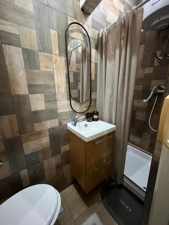 a bathroom with a toilet and a sink and a mirror at Cozy in Sarajevo