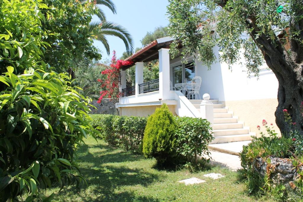 ein weißes Haus mit einem Baum im Hof in der Unterkunft Emmy villa paleokastritsa in Paleokastritsa