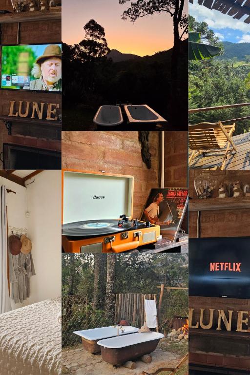 a collage of photos with a television and a bath tub at Chalé LuNê Vista para a Montanha , Banheira Imersão Externa e Lareira in Gonçalves