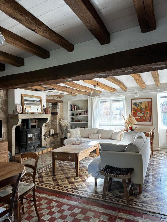 un salon avec des canapés et une cheminée dans l'établissement Casa Borgognona, à Vitteaux