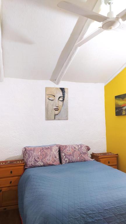 a bedroom with a blue bed with a mask on the wall at Rancho la Casual in Punta Del Diablo