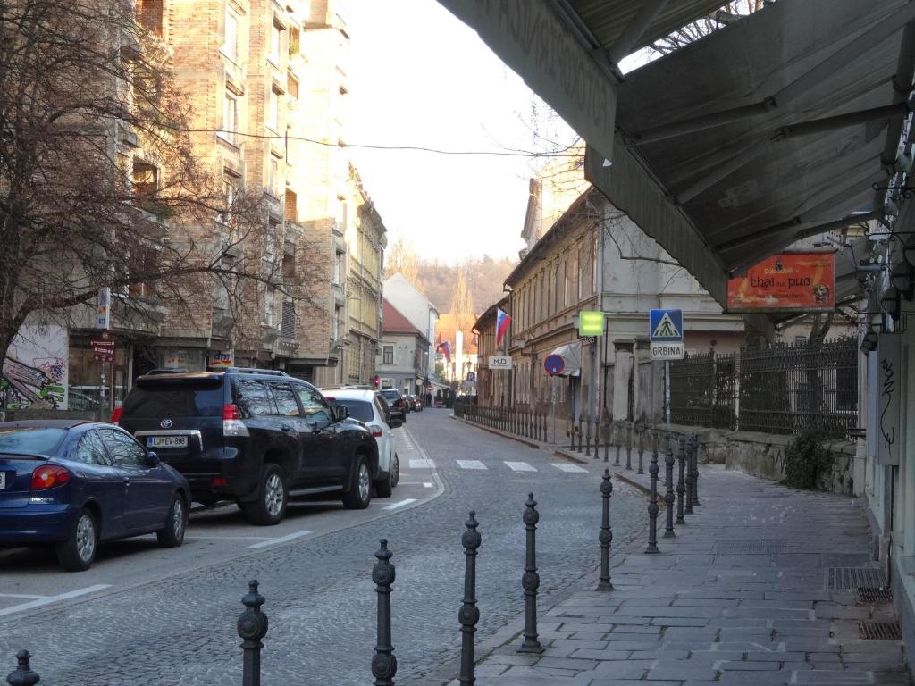una strada con auto parcheggiate ai lati della strada di Domus Romanus a Lubiana