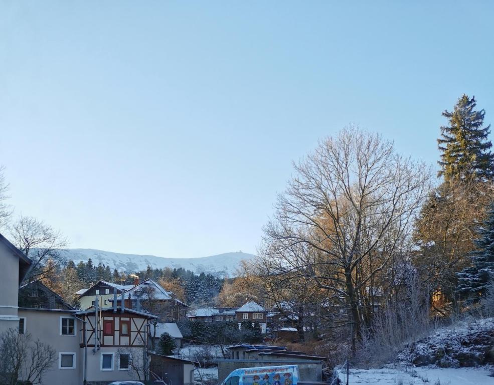 a town in the snow with houses and trees at Pokoje gościnne Kamil 3 in Karpacz