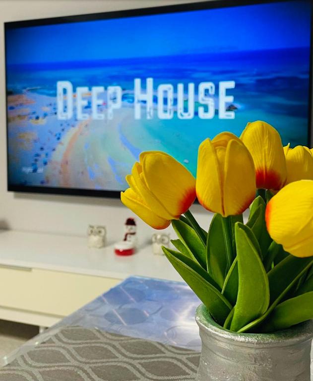 a vase with yellow flowers in front of a tv at El rincón Del Prado apartamento con 4 AC in Gandía