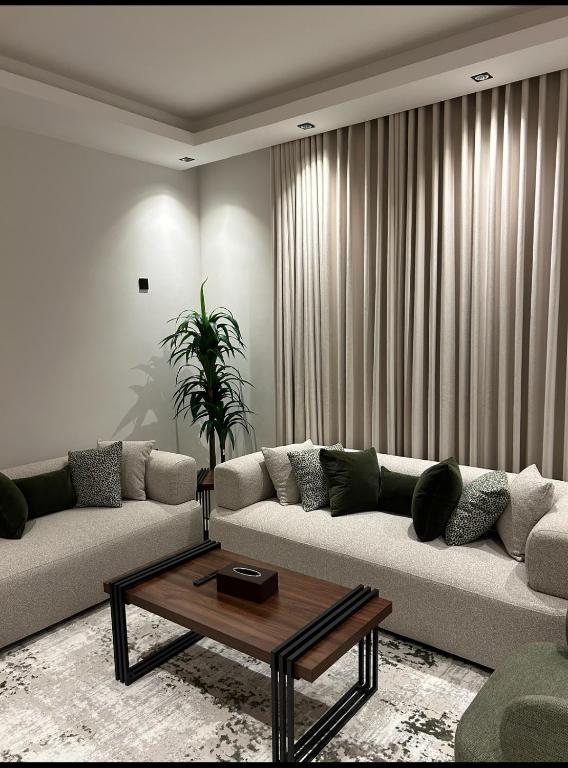 利雅德شقة راقية بدخول ذاتي بالقرب البوليفارد的有两张沙发和一张咖啡桌的客厅