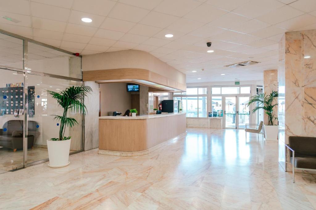 an office lobby with palm trees and a counter at Port Europa in Calpe