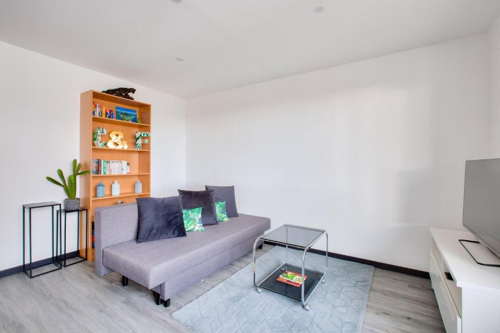 un salon avec un canapé et une étagère dans l'établissement Lovely 2 BR Flat with balcony near the city centre, à Strasbourg