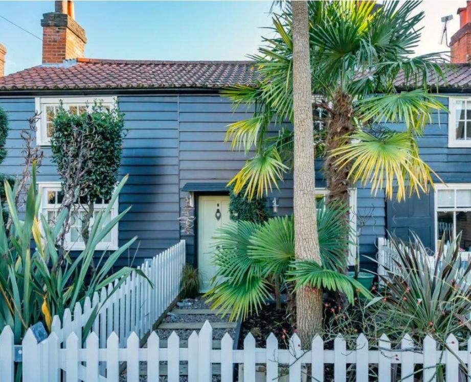 a blue house with a white fence and palm trees at Charming Dulwich Cottage in West Dulwich