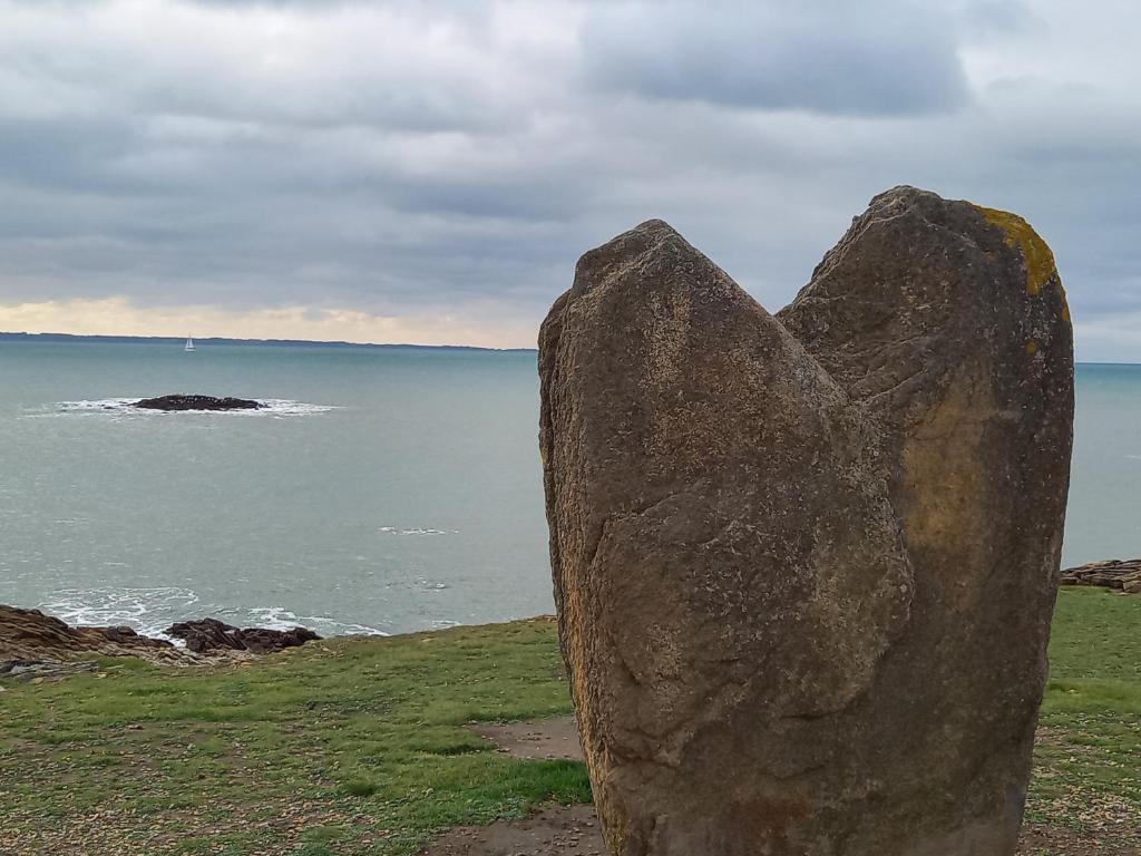 a rock sitting on top of a field next to the ocean at Hôtel Ker-Noyal Quiberon Plage in Quiberon