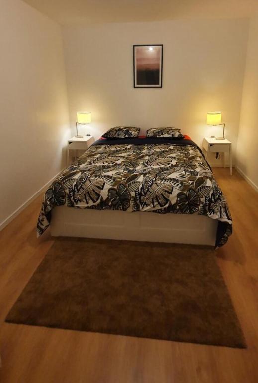 une chambre avec un lit avec deux tables de nuit et deux lampes dans l'établissement DMC One, à Mulhouse