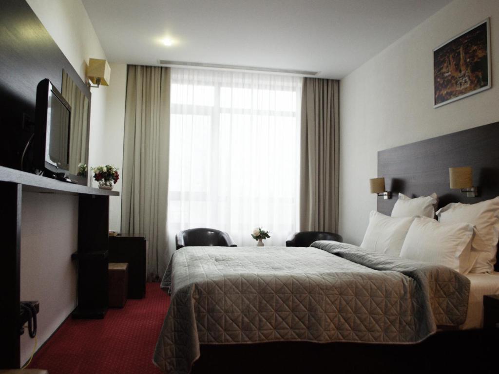 a hotel room with a bed and a television at Hotel EMD in Bacău