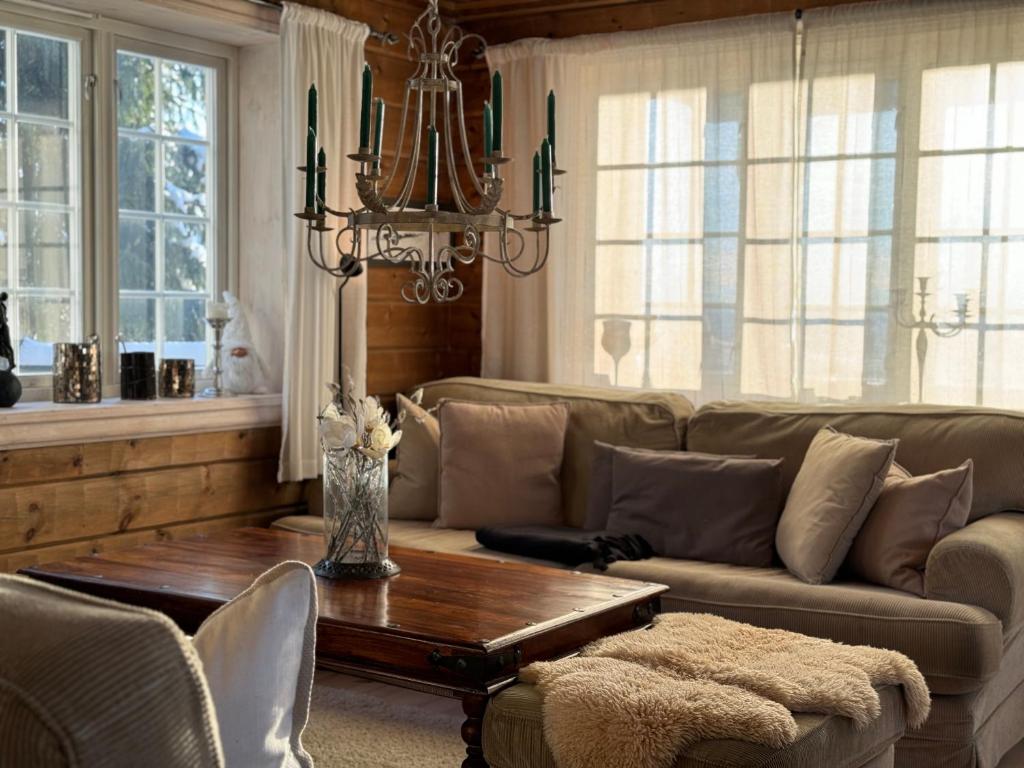 バイトストーレンにあるBjødnabakkens historieのソファとテーブルのあるリビングルーム