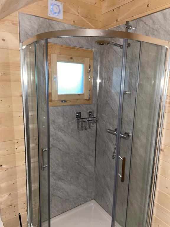 doccia con porta in vetro in camera di Executive Pod and Jacuzzi a Watch House Village