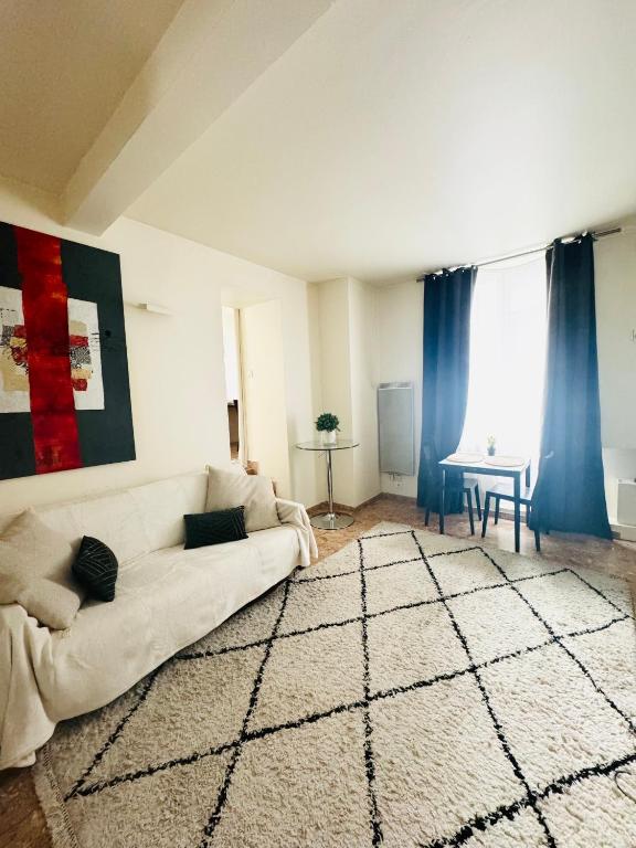 un salon avec un canapé et un tapis dans l'établissement Cozy flat heart of Paris, à Paris