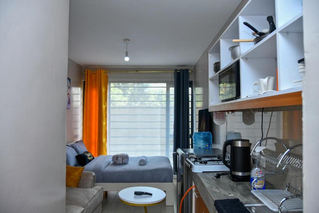 a small apartment with a kitchen and a living room at Mex Homes Studio in Nairobi